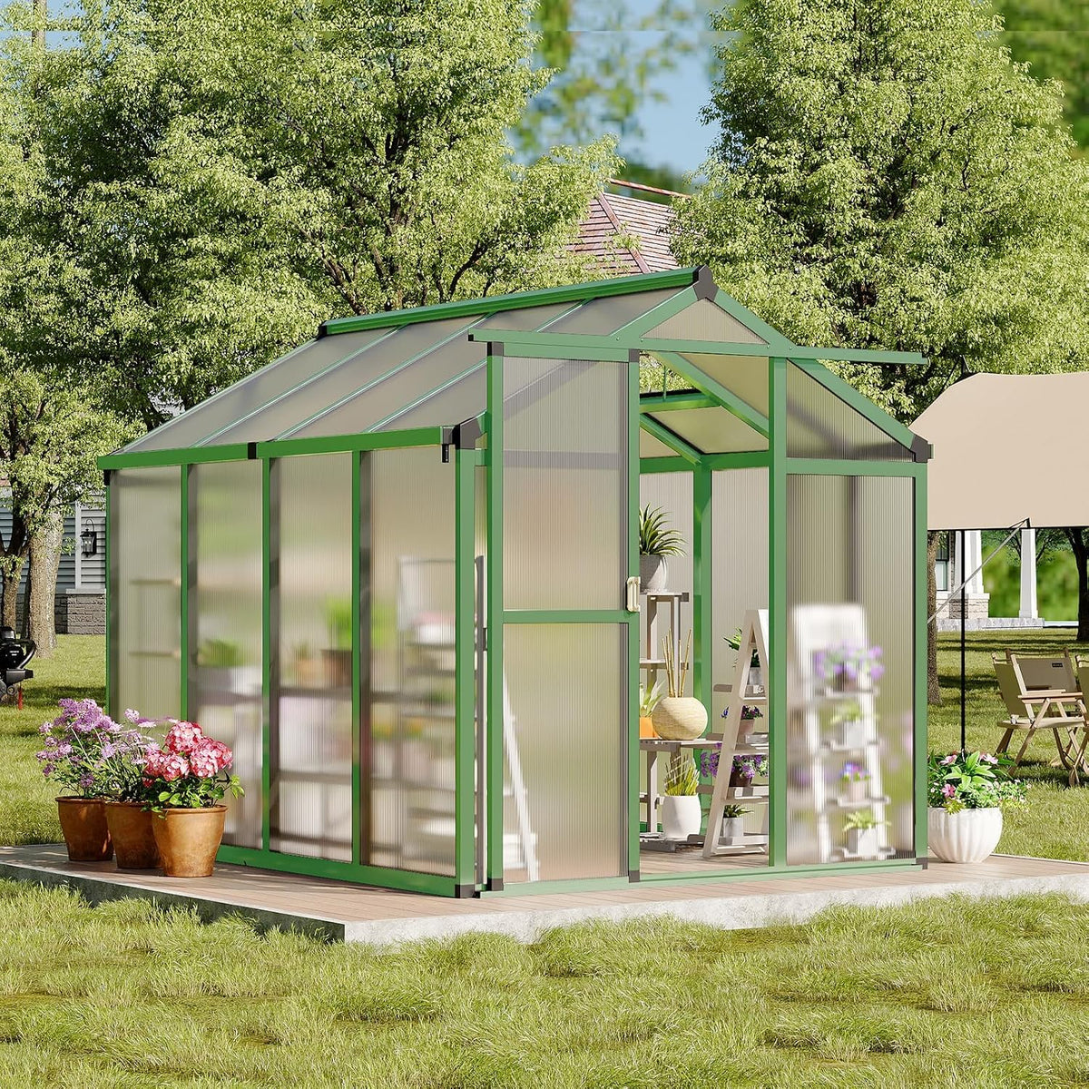 Greenhouse, 6X8 FT Greenhouse for Outdoors, Walk-In Green House with Ground Nails and Vent Windows, Sliding Lockable Door, Polycarbonate Greenhouses for outside Garden Backyard, Quick Setup, Green