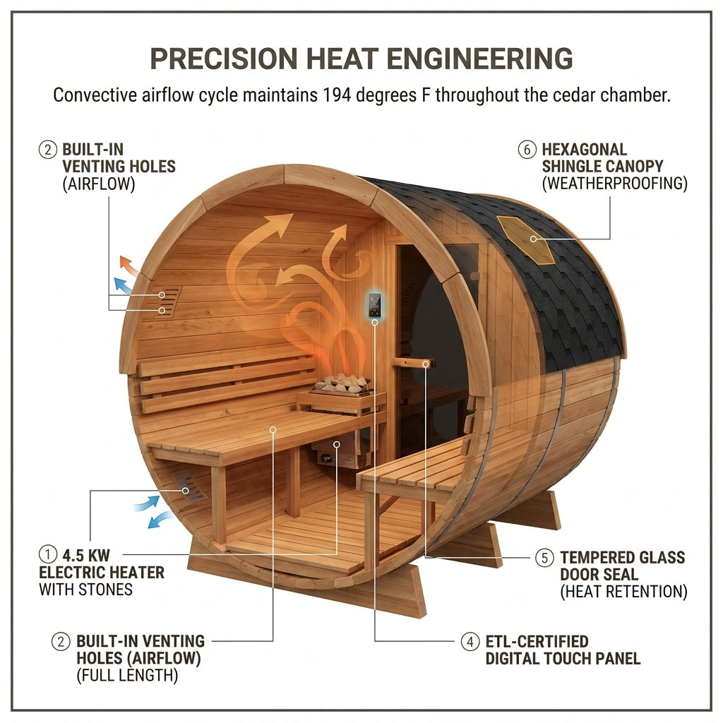 4-Person Electric Heater Outdoor Cedar Barrel Steam Sauna Front Porch Canopy - ETL Certified — How It Works