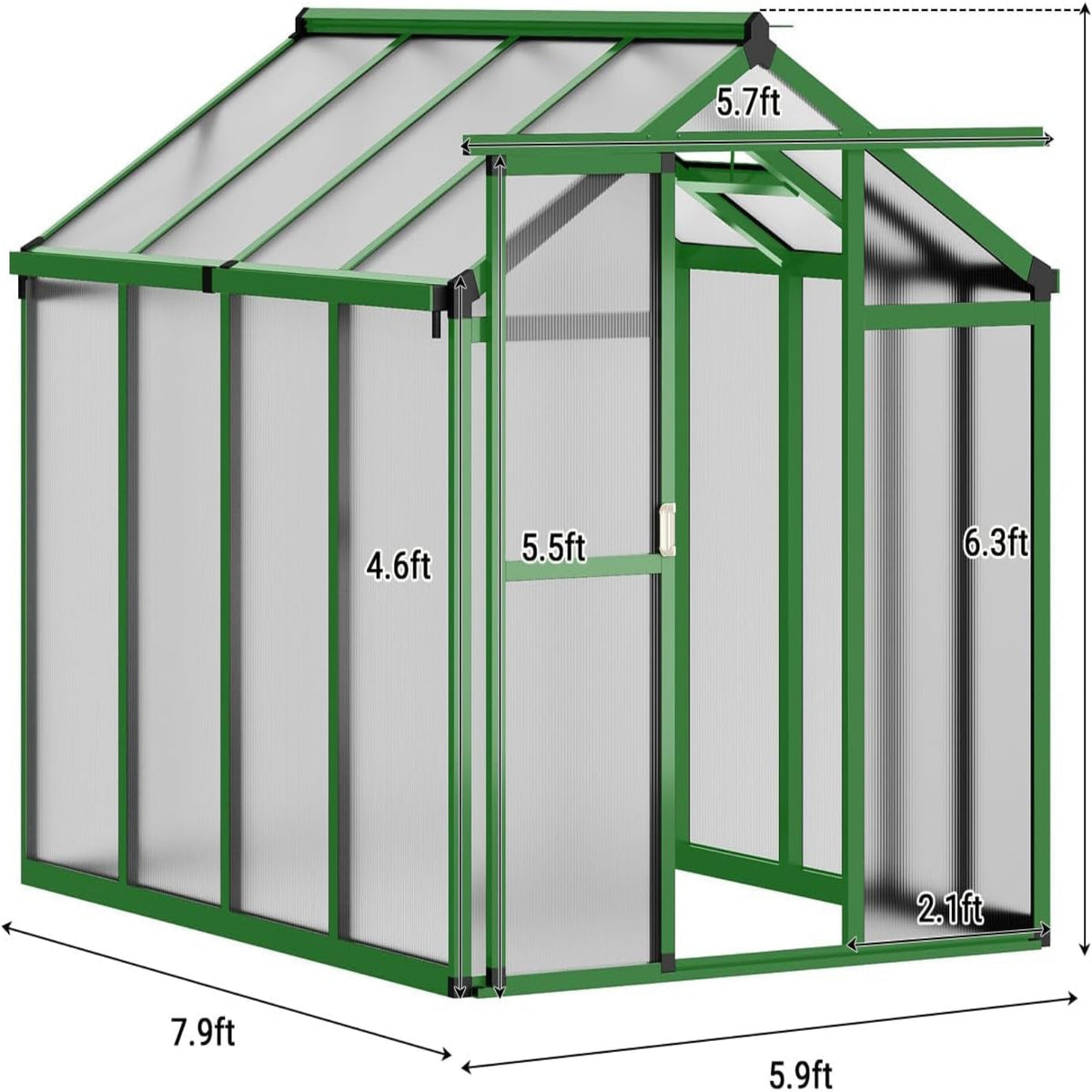 Greenhouse, 6X8 FT Greenhouse for Outdoors, Walk-In Green House with Ground Nails and Vent Windows, Sliding Lockable Door, Polycarbonate Greenhouses for outside Garden Backyard, Quick Setup, Green