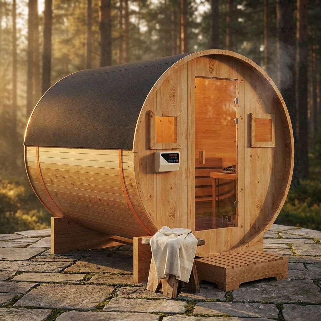 Outdoor Traditional Barrel Sauna | 4-6 Person Wood Sauna, Steam and Wet Sauna with 220V with 6KW Electric Heater, Sauna Stone — Studio Shot