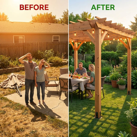 12X16 FT All Cedar Wood Wooden Pergola, Pergola Kit with Stakes, Quality Wood Supported Structure, Snow and Wind Supported, Outdoor Garden Shelter with Cedar Framed for Backyard, Deck, Lawn — Before & After