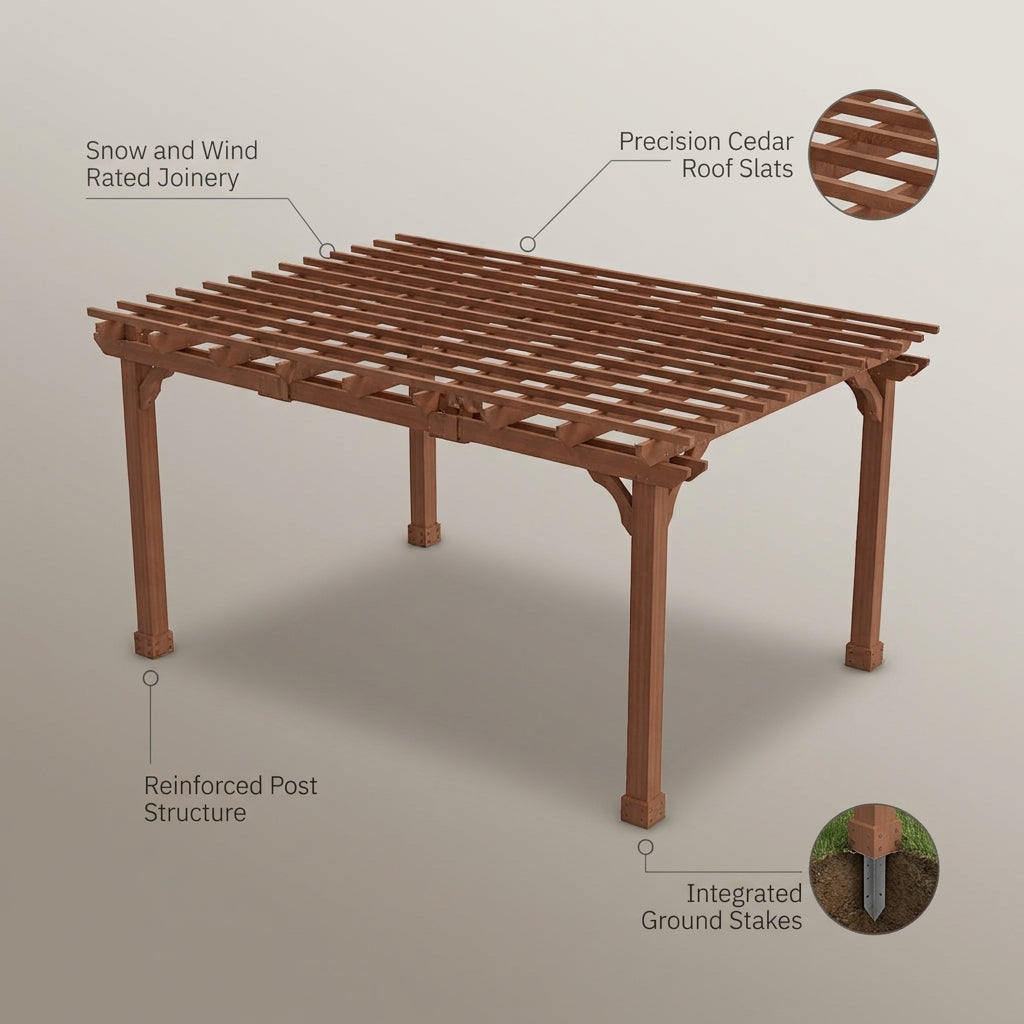 12X16 FT All Cedar Wood Wooden Pergola, Pergola Kit with Stakes, Quality Wood Supported Structure, Snow and Wind Supported, Outdoor Garden Shelter with Cedar Framed for Backyard, Deck, Lawn — infographic