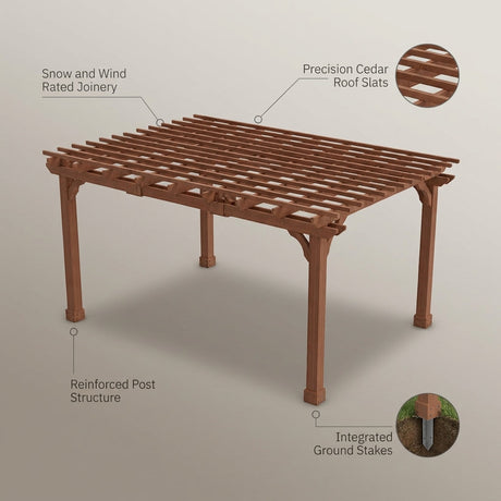 12X16 FT All Cedar Wood Wooden Pergola, Pergola Kit with Stakes, Quality Wood Supported Structure, Snow and Wind Supported, Outdoor Garden Shelter with Cedar Framed for Backyard, Deck, Lawn — infographic