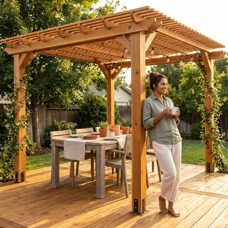 12X16 FT All Cedar Wood Wooden Pergola, Pergola Kit with Stakes, Quality Wood Supported Structure, Snow and Wind Supported, Outdoor Garden Shelter with Cedar Framed for Backyard, Deck, Lawn — Lifestyle