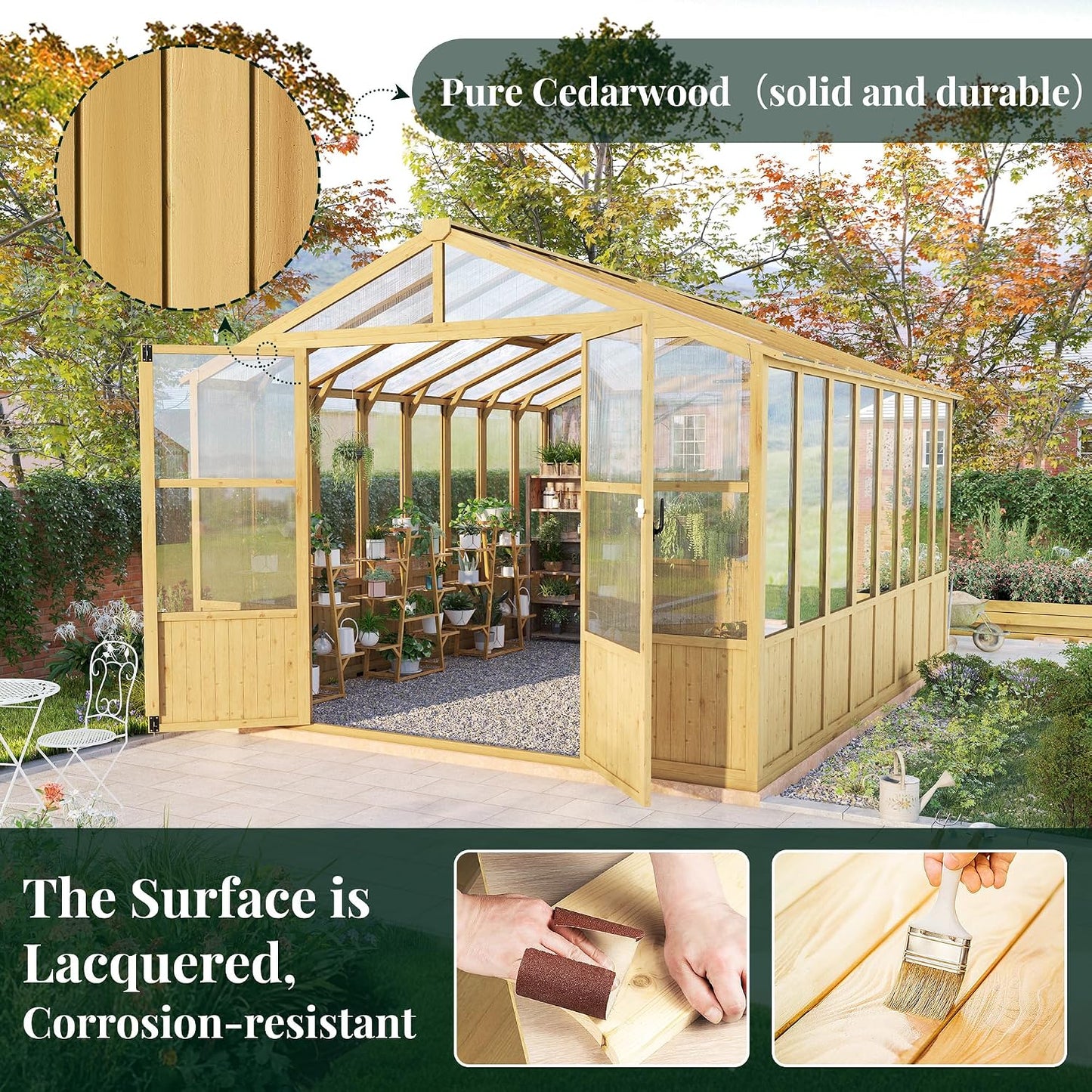 10 X 13.2-Ft Wooden Greenhouse | Walk-In Cedar Frame, Lockable Door, 2 Adjustable Roof Vents, Polycarbonate Panels, for Outdoor Garden and Backyard