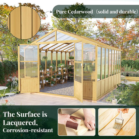 10 X 13.2-Ft Wooden Greenhouse | Walk-In Cedar Frame, Lockable Door, 2 Adjustable Roof Vents, Polycarbonate Panels, for Outdoor Garden and Backyard