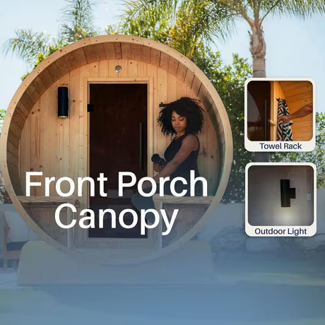 4-Person Electric Heater Outdoor Cedar Barrel Steam Sauna Front Porch Canopy - ETL Certified