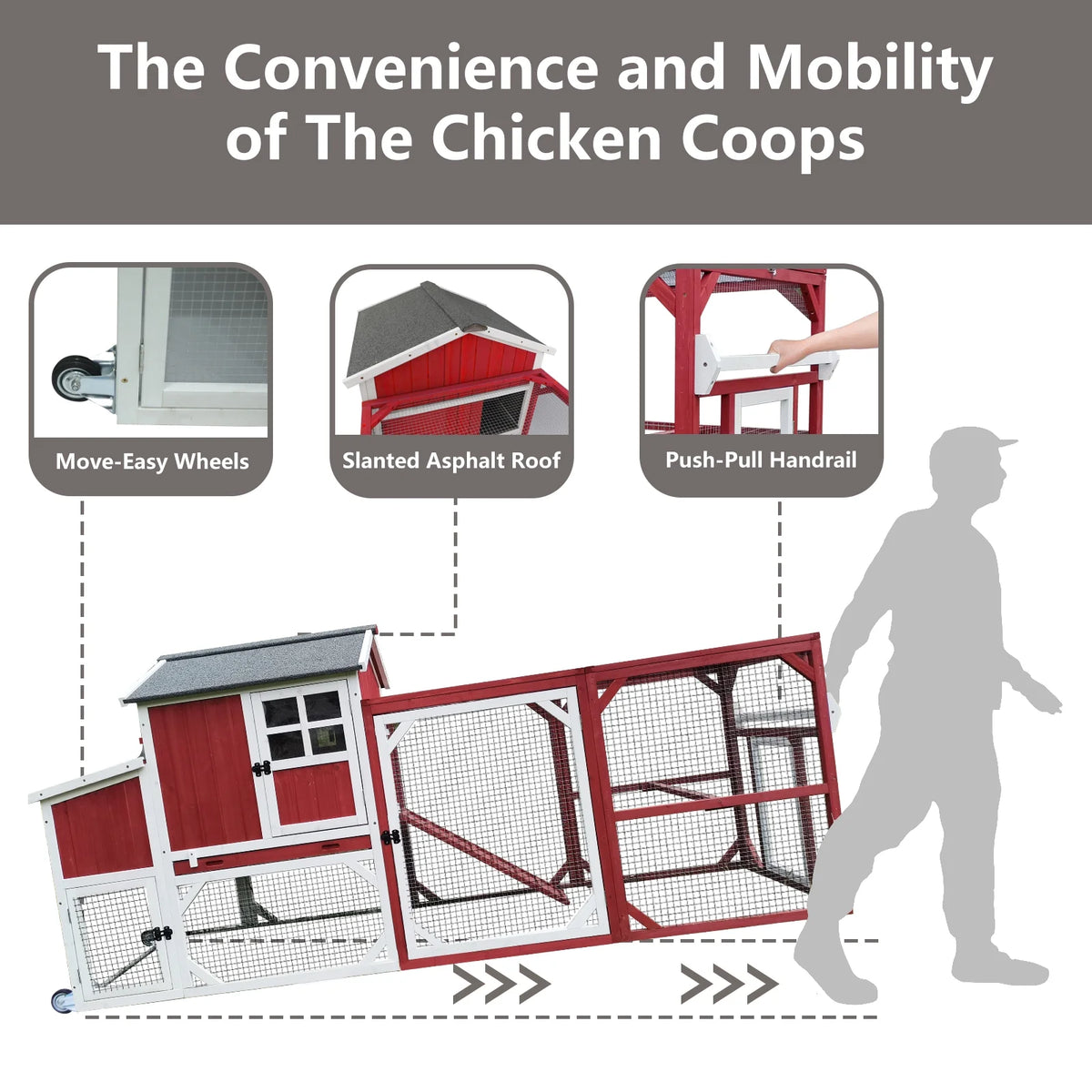 Chicken Coop with Run - 2-Story Wooden Chicken Tractor with Nesting Box - Red