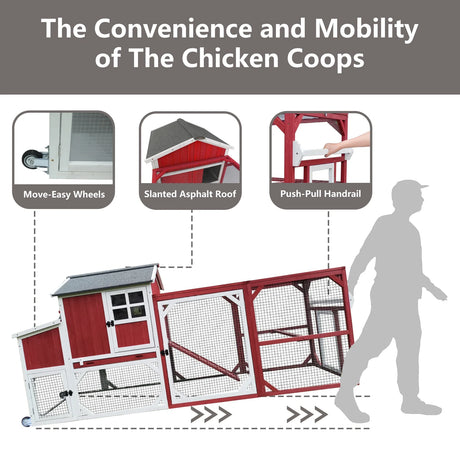 Chicken Coop with Run - 2-Story Wooden Chicken Tractor with Nesting Box - Red