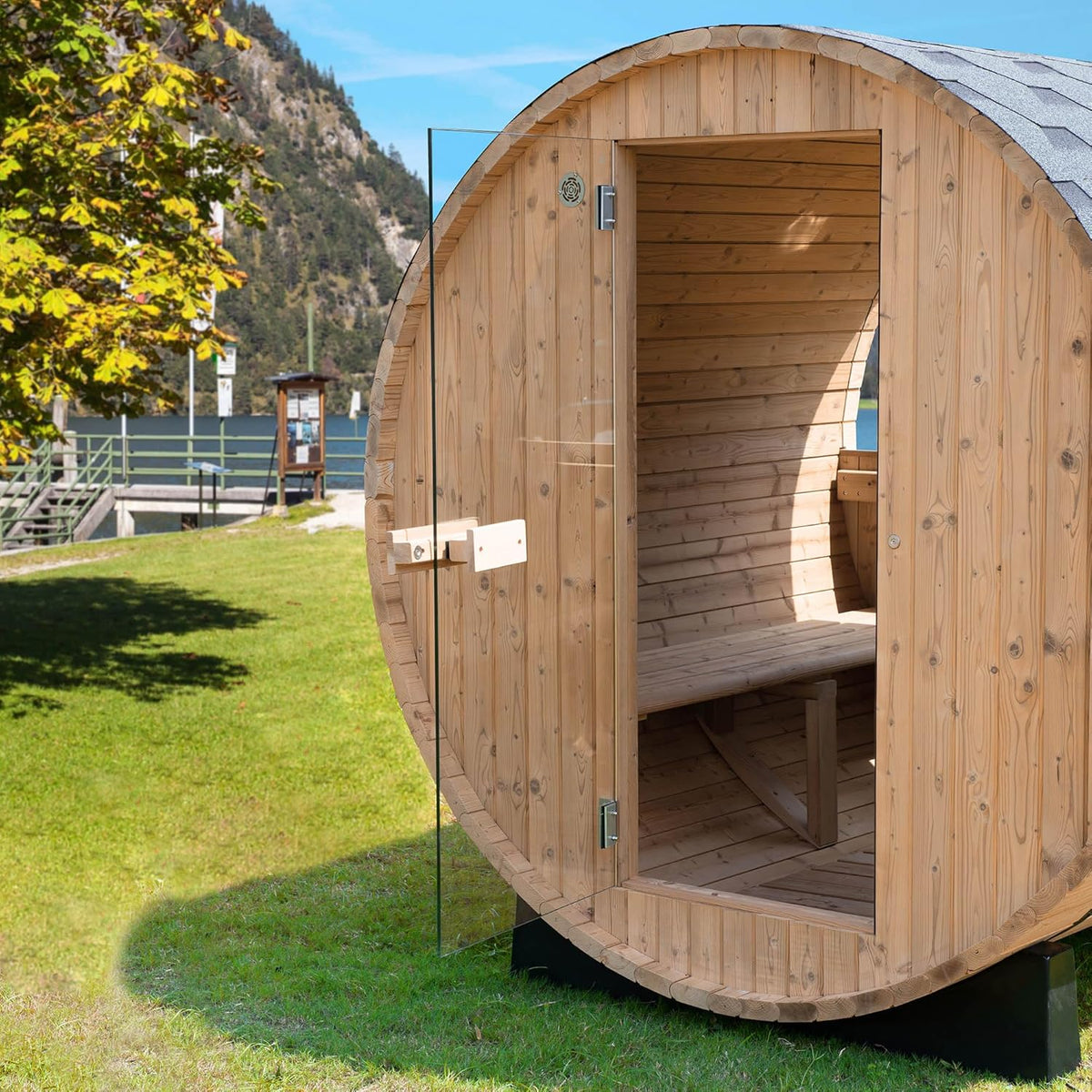 WOODBRIDGE 2-Person Luxury Finland Thermo Pine Outdoor Barrel Sauna with Half View Window, Harvia Electric Heater, Sauna Accessories Kit and Asphalt Shingle Roof, 4'X6'