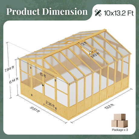 10 X 13.2-Ft Wooden Greenhouse | Walk-In Cedar Frame, Lockable Door, 2 Adjustable Roof Vents, Polycarbonate Panels, for Outdoor Garden and Backyard