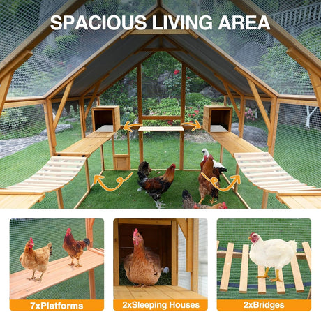 110"L Outdoor Large Chicken Coop with Waterproof Cover, Roosting Platform, Wire Mesh & 2 Lift Small Doors with Locks, Wood Chicken Coop House with Run for Cat Kitten Playpen, Duck, Rabbit, Quail