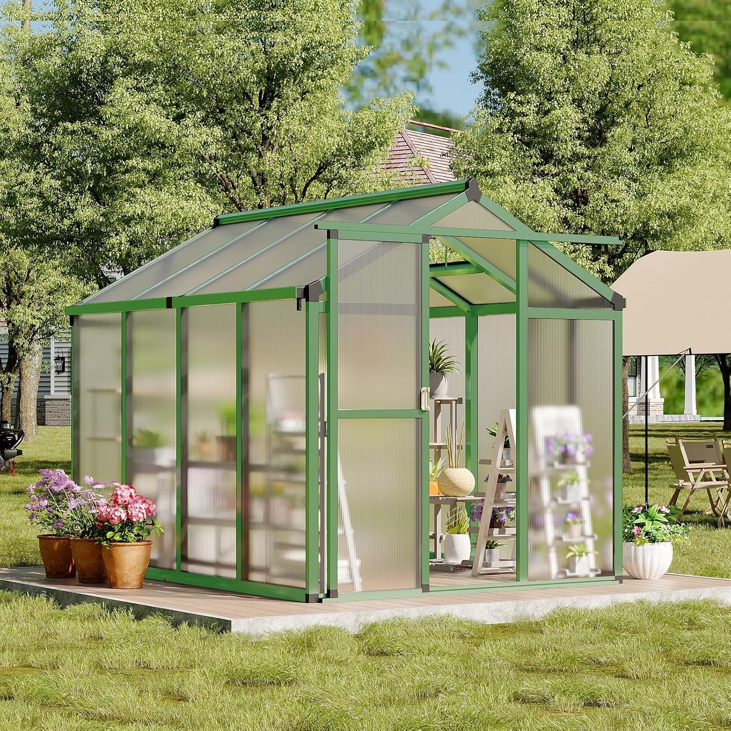 Greenhouse, 6X8 FT Greenhouse for Outdoors, Walk-In Green House with Ground Nails and Vent Windows, Sliding Lockable Door, Polycarbonate Greenhouses for outside Garden Backyard, Quick Setup, Green