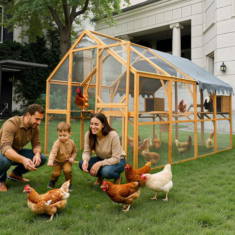 110"L Outdoor Large Chicken Coop with Waterproof Cover, Roosting Platform, Wire Mesh & 2 Lift Small Doors with Locks, Wood Chicken Coop House with Run for Cat Kitten Playpen, Duck, Rabbit, Quail