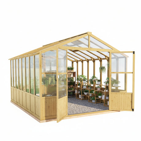 10 X 13.2-Ft Wooden Greenhouse | Walk-In Cedar Frame, Lockable Door, 2 Adjustable Roof Vents, Polycarbonate Panels, for Outdoor Garden and Backyard