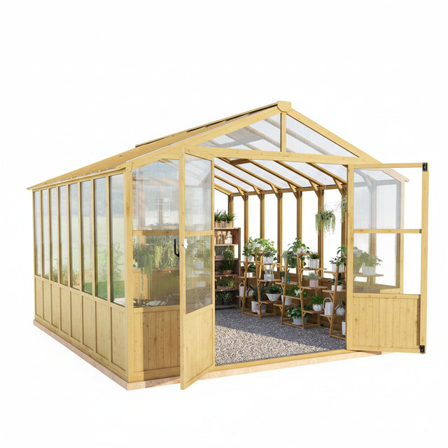10 X 13.2-Ft Wooden Greenhouse | Walk-In Cedar Frame, Lockable Door, 2 Adjustable Roof Vents, Polycarbonate Panels, for Outdoor Garden and Backyard