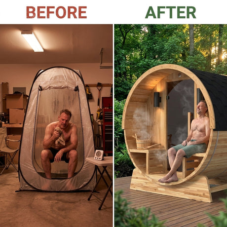 4-Person Electric Heater Outdoor Cedar Barrel Steam Sauna Front Porch Canopy - ETL Certified — Before & After