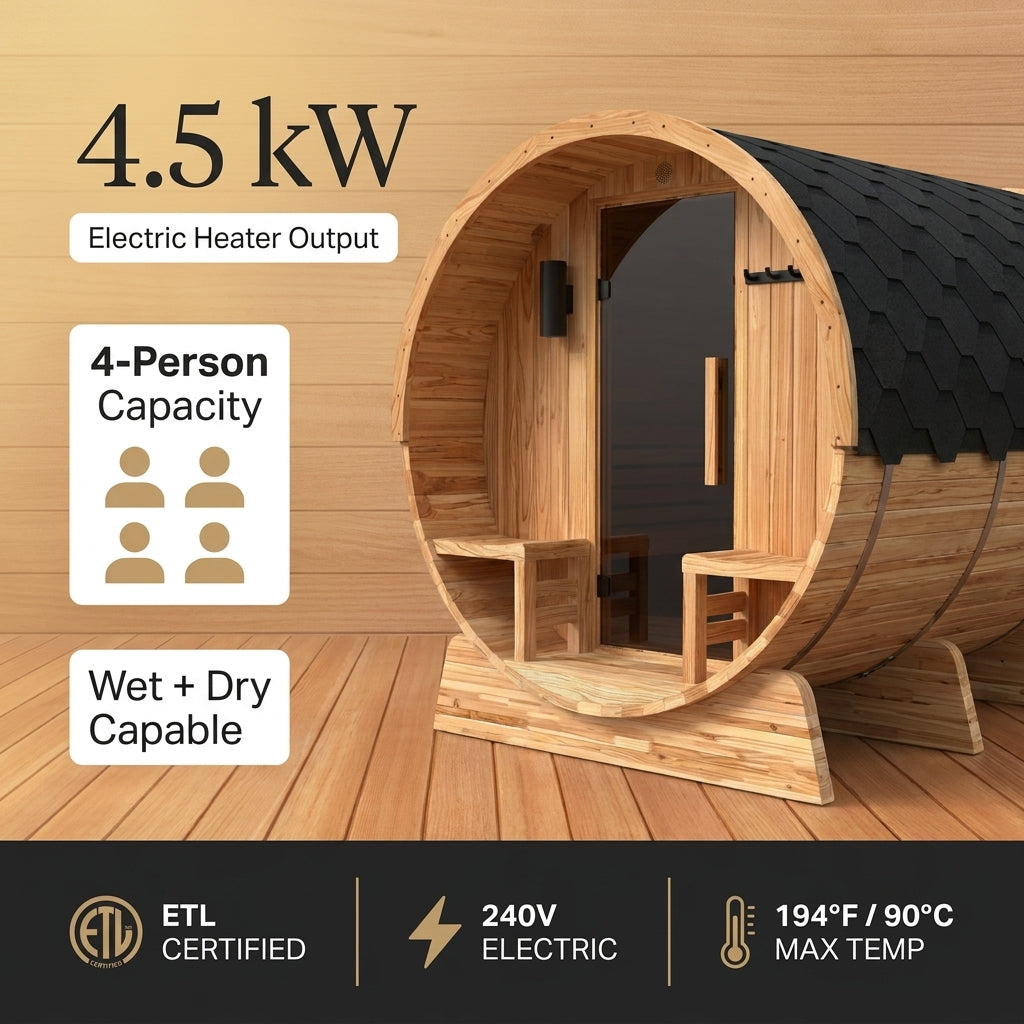 4-Person Electric Heater Outdoor Cedar Barrel Steam Sauna Front Porch Canopy - ETL Certified — Results & Stats