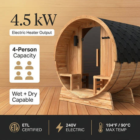 4-Person Electric Heater Outdoor Cedar Barrel Steam Sauna Front Porch Canopy - ETL Certified — Results & Stats