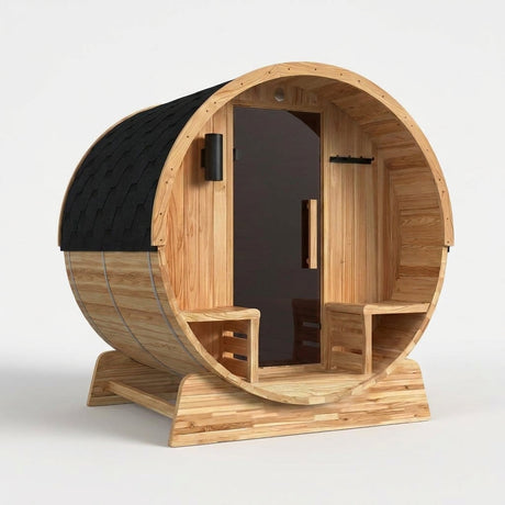 4-Person Electric Heater Outdoor Cedar Barrel Steam Sauna Front Porch Canopy - ETL Certified — Studio Shot