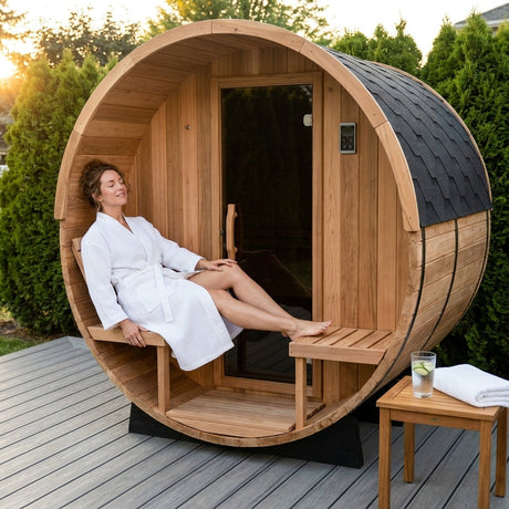4-Person Electric Heater Outdoor Cedar Barrel Steam Sauna Front Porch Canopy - ETL Certified — Lifestyle