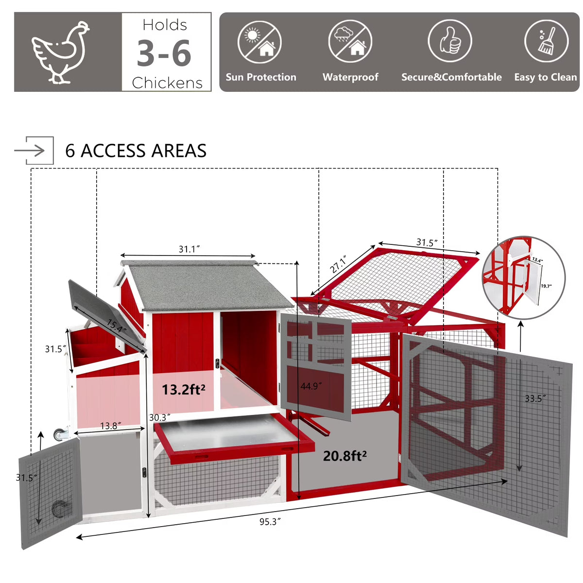 Chicken Coop with Run - 2-Story Wooden Chicken Tractor with Nesting Box - Red