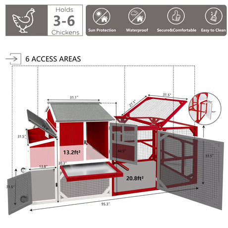 Chicken Coop with Run - 2-Story Wooden Chicken Tractor with Nesting Box - Red