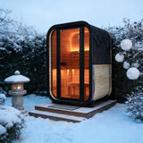 1-2 Person Outdoor Traditional Steam Sauna, Weatherproof Square Sauna Cabin with Black Trim, Natural Spruce Wood Sauna Room, LED Strip & Panoramic Glass Door, for Backyard Garden Home Spa, Relaxation