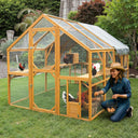 110"L Outdoor Large Chicken Coop with Waterproof Cover, Roosting Platform, Wire Mesh & 2 Lift Small Doors with Locks, Wood Chicken Coop House with Run for Cat Kitten Playpen, Duck, Rabbit, Quail