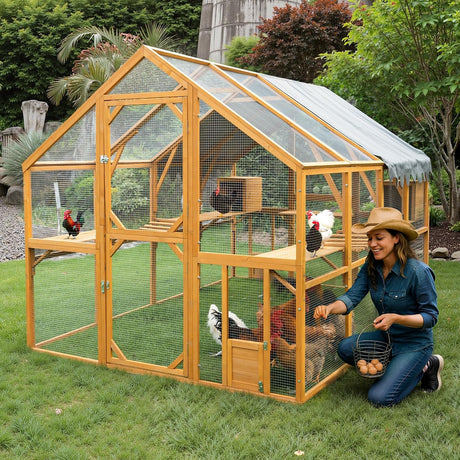 110"L Outdoor Large Chicken Coop with Waterproof Cover, Roosting Platform, Wire Mesh & 2 Lift Small Doors with Locks, Wood Chicken Coop House with Run for Cat Kitten Playpen, Duck, Rabbit, Quail