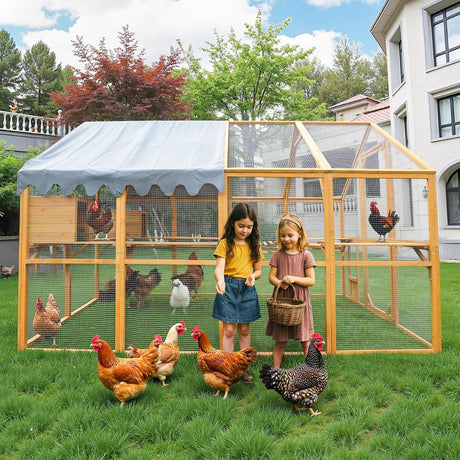 110"L Outdoor Large Chicken Coop with Waterproof Cover, Roosting Platform, Wire Mesh & 2 Lift Small Doors with Locks, Wood Chicken Coop House with Run for Cat Kitten Playpen, Duck, Rabbit, Quail