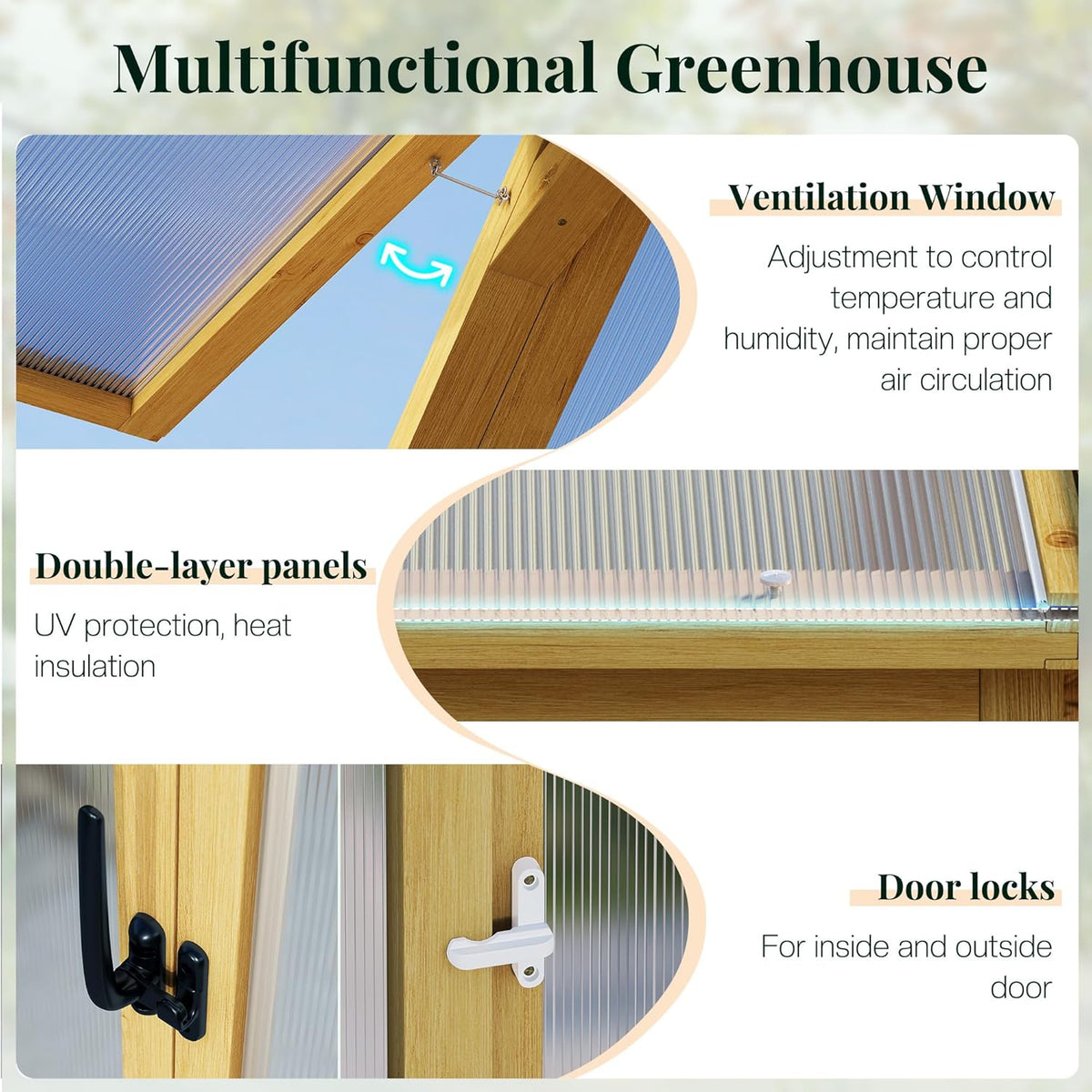 10 X 13.2-Ft Wooden Greenhouse | Walk-In Cedar Frame, Lockable Door, 2 Adjustable Roof Vents, Polycarbonate Panels, for Outdoor Garden and Backyard