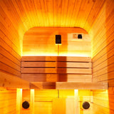 1-2 Person Outdoor Traditional Steam Sauna, Weatherproof Square Sauna Cabin with Black Trim, Natural Spruce Wood Sauna Room, LED Strip & Panoramic Glass Door, for Backyard Garden Home Spa, Relaxation
