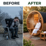 Outdoor Cedar Barrel Sauna Built for Year-Round Use, 4-Person Capacity, 4.5kW Electric Heater, ETL Certified — Before & After