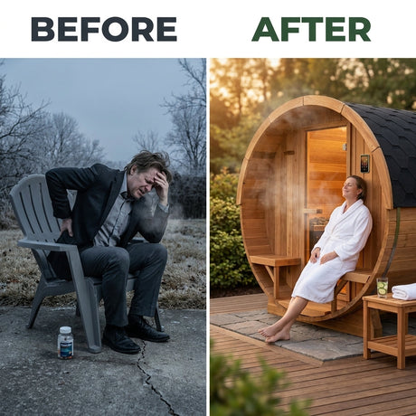 Outdoor Cedar Barrel Sauna Built for Year-Round Use, 4-Person Capacity, 4.5kW Electric Heater, ETL Certified — Before & After