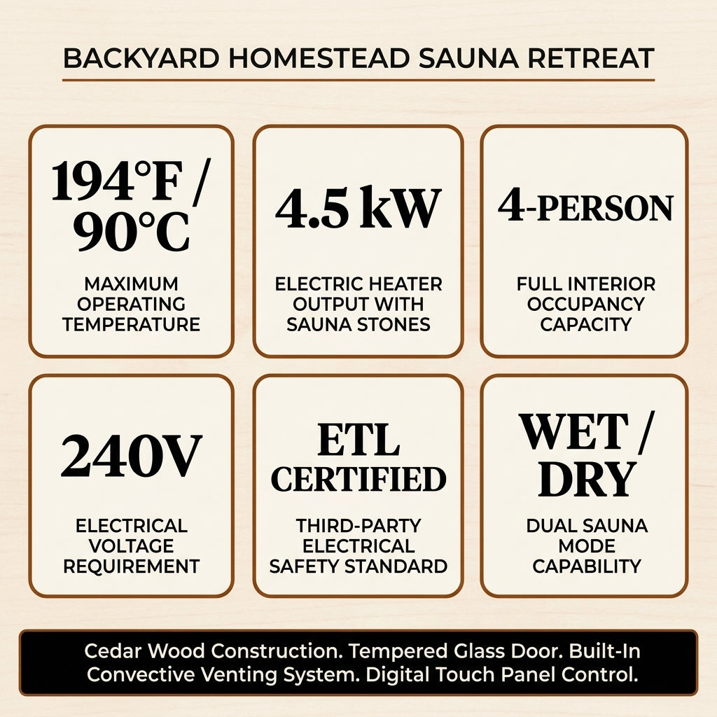 Outdoor Cedar Barrel Sauna Built for Year-Round Use, 4-Person Capacity, 4.5kW Electric Heater, ETL Certified — Results & Stats