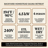 Outdoor Cedar Barrel Sauna Built for Year-Round Use, 4-Person Capacity, 4.5kW Electric Heater, ETL Certified — Results & Stats