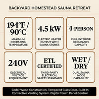 Outdoor Cedar Barrel Sauna Built for Year-Round Use, 4-Person Capacity, 4.5kW Electric Heater, ETL Certified — Results & Stats