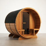 Outdoor Cedar Barrel Sauna Built for Year-Round Use, 4-Person Capacity, 4.5kW Electric Heater, ETL Certified — Studio Shot