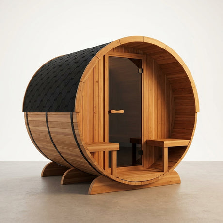Outdoor Cedar Barrel Sauna Built for Year-Round Use, 4-Person Capacity, 4.5kW Electric Heater, ETL Certified — Studio Shot