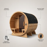 Outdoor Cedar Barrel Sauna Built for Year-Round Use, 4-Person Capacity, 4.5kW Electric Heater, ETL Certified — infographic