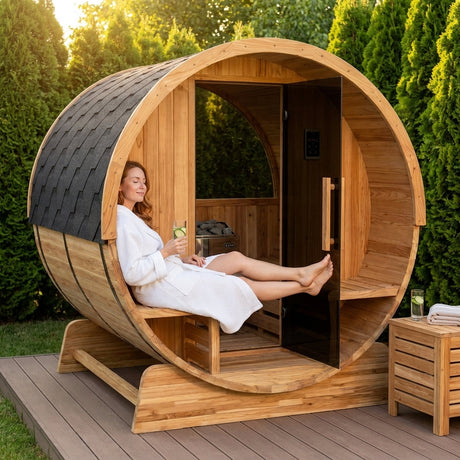 Outdoor Cedar Barrel Sauna Built for Year-Round Use, 4-Person Capacity, 4.5kW Electric Heater, ETL Certified — Lifestyle