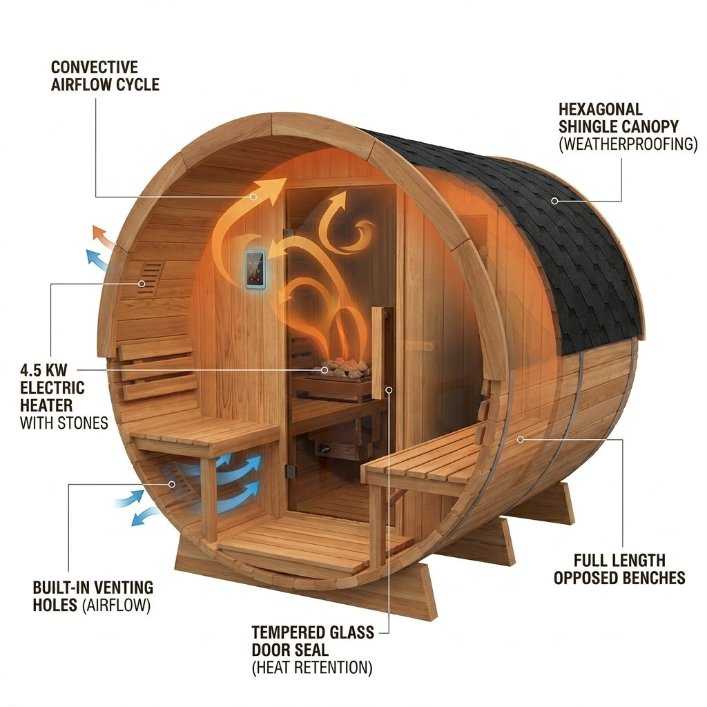 Outdoor Cedar Barrel Sauna Built for Year-Round Use, 4-Person Capacity, 4.5kW Electric Heater, ETL Certified — How It Works