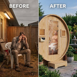 Outdoor Traditional Barrel Sauna | 4-6 Person Wood Sauna, Steam and Wet Sauna with 220V with 6KW Electric Heater, Sauna Stone — Before & After