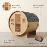 Outdoor Traditional Barrel Sauna | 4-6 Person Wood Sauna, Steam and Wet Sauna with 220V with 6KW Electric Heater, Sauna Stone — infographic