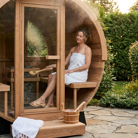 Outdoor Traditional Barrel Sauna | 4-6 Person Wood Sauna, Steam and Wet Sauna with 220V with 6KW Electric Heater, Sauna Stone — Lifestyle