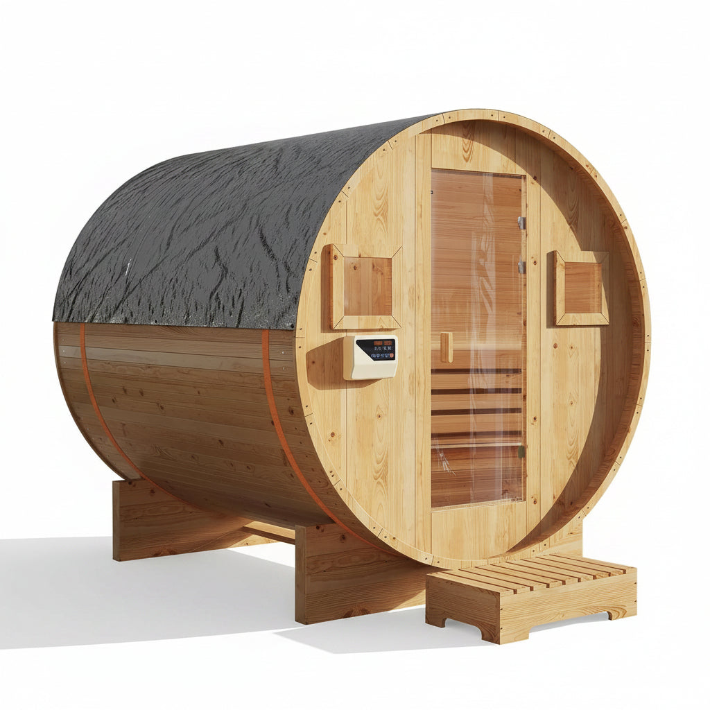 Outdoor Barrel Sauna Built for Year Round Use, 4-6 Person Capacity, 6KW Electric Heater, Solid Wood Construction