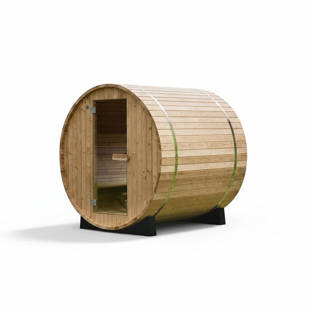 WOODBRIDGE 2-Person Luxury Finland Thermo Pine Outdoor Barrel Sauna with Half View Window, Harvia Electric Heater, Sauna Accessories Kit and Asphalt Shingle Roof, 4'X6'