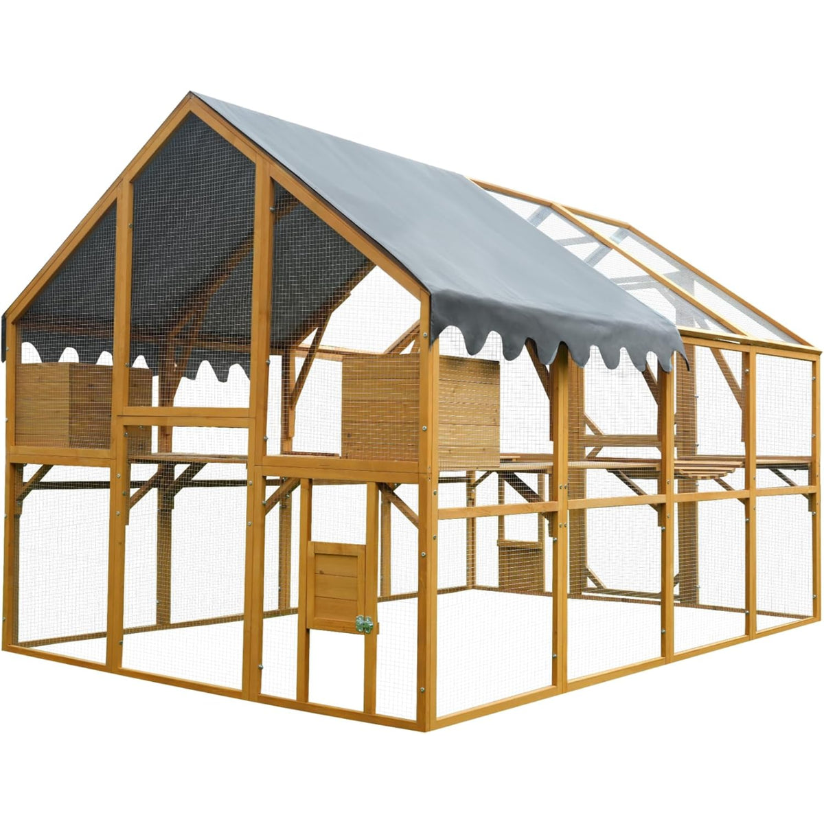 110"L Outdoor Large Chicken Coop with Waterproof Cover, Roosting Platform, Wire Mesh & 2 Lift Small Doors with Locks, Wood Chicken Coop House with Run for Cat Kitten Playpen, Duck, Rabbit, Quail