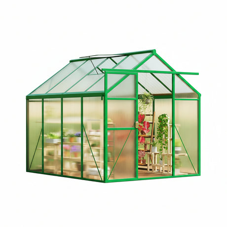 Greenhouse, 6X8 FT Greenhouse for Outdoors, Walk-In Green House with Ground Nails and Vent Windows, Sliding Lockable Door, Polycarbonate Greenhouses for outside Garden Backyard, Quick Setup, Green